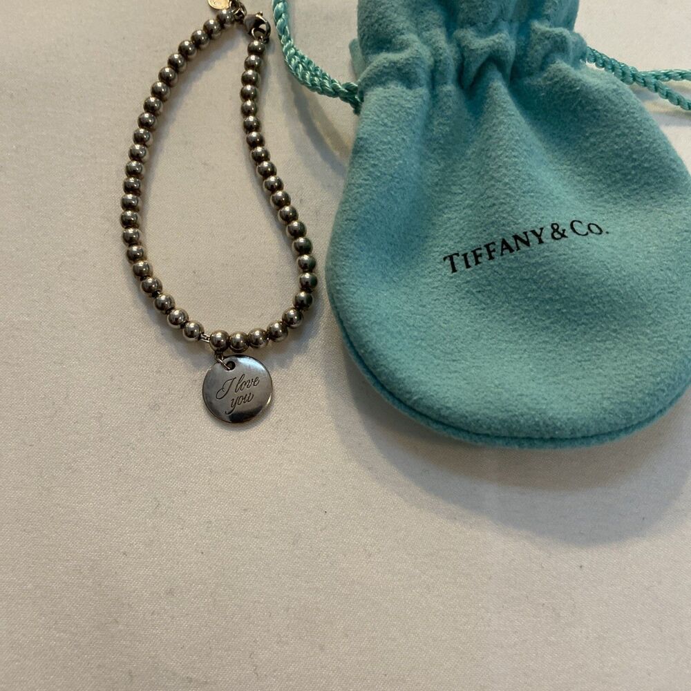 TIFFANY & CO. STERLING SILVER 925 I LOVE YOU DISC CHARM SMOOTH BEAD BRACELET 7"